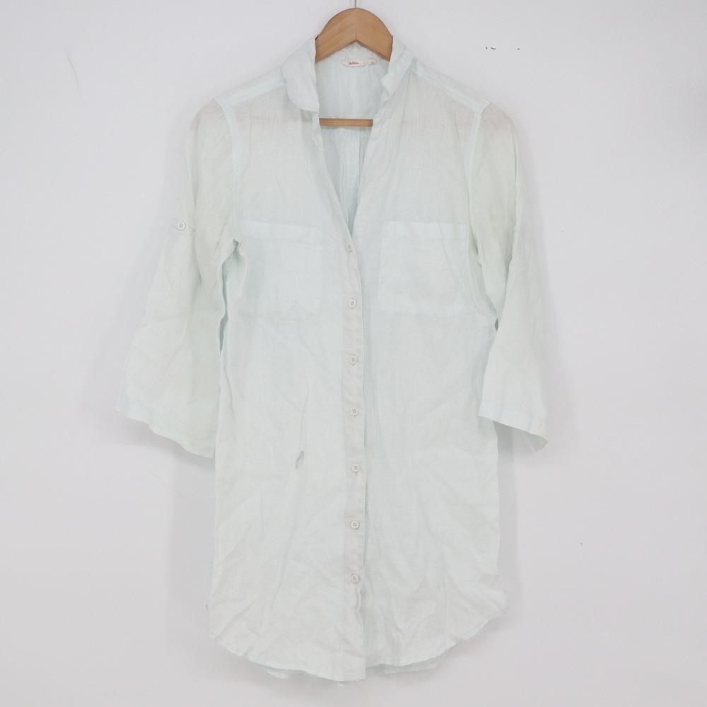 Dolma Linen Tunic Women S Mint Green 3/4 Roll Tab Sleeve Button Down Fair